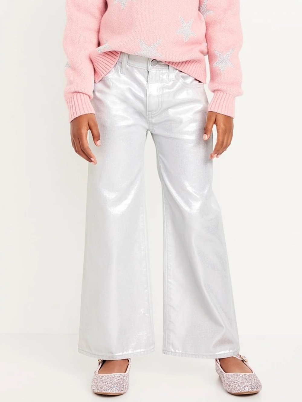NWT Old Navy Girls High-Rise Baggy Wide Leg Silver Shimmer Jeans Size 14
